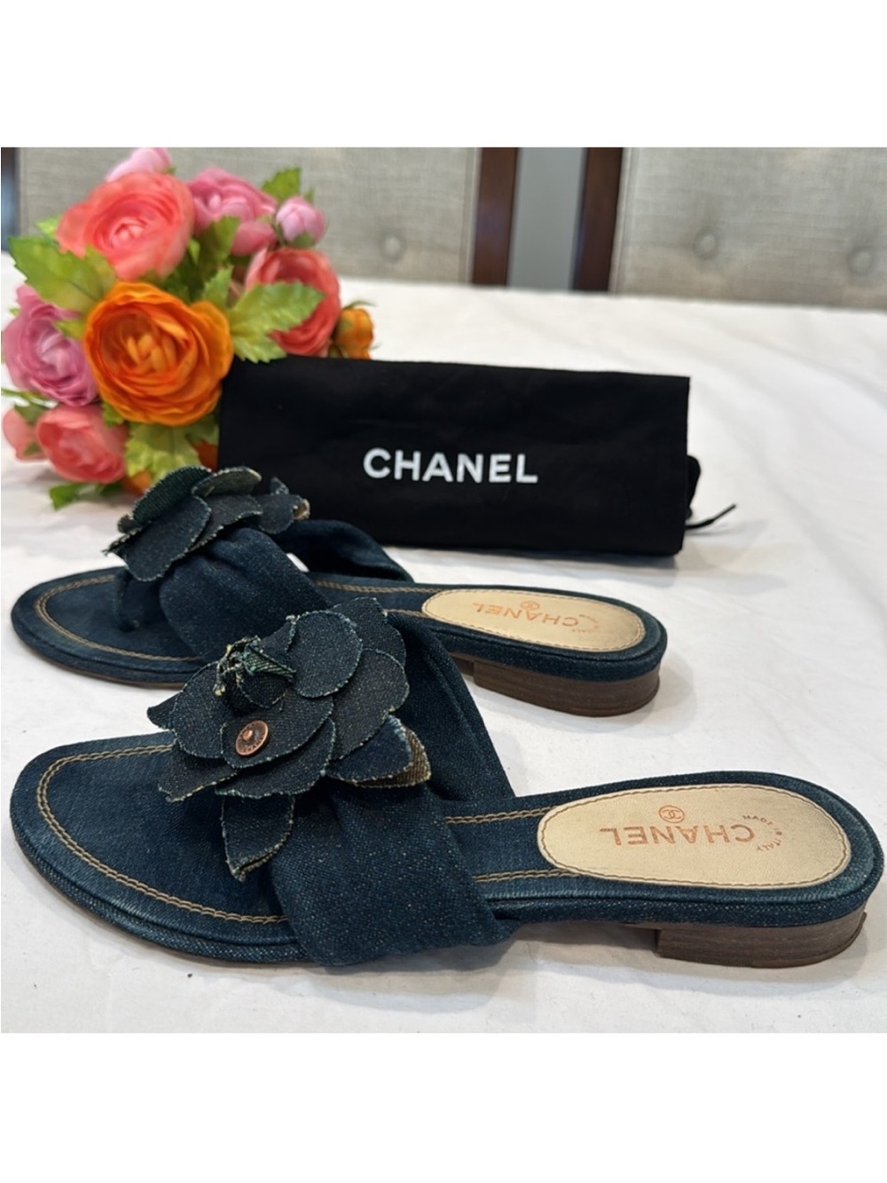 CHANEL Dark Denim Floral Slide Sandals